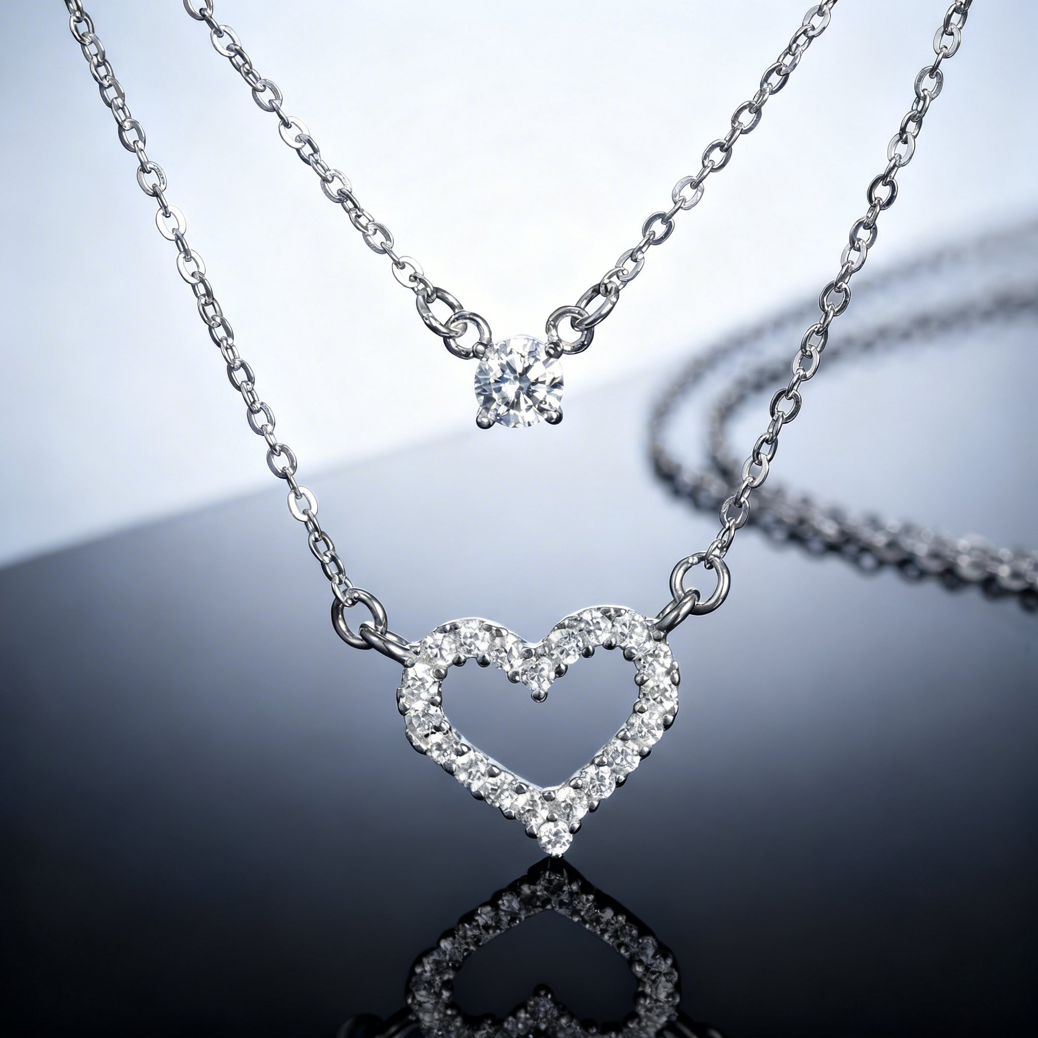 Double layer heart necklace sparkling pendant romantic jewelry elegant layered chain for women