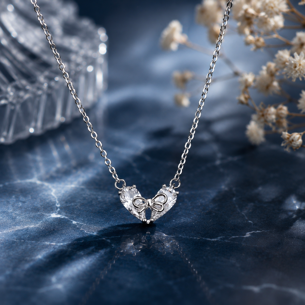 Forever Bow Heart necklace 925 sterling silver with heart zirconia and silver bow elegant gift jewelry for women