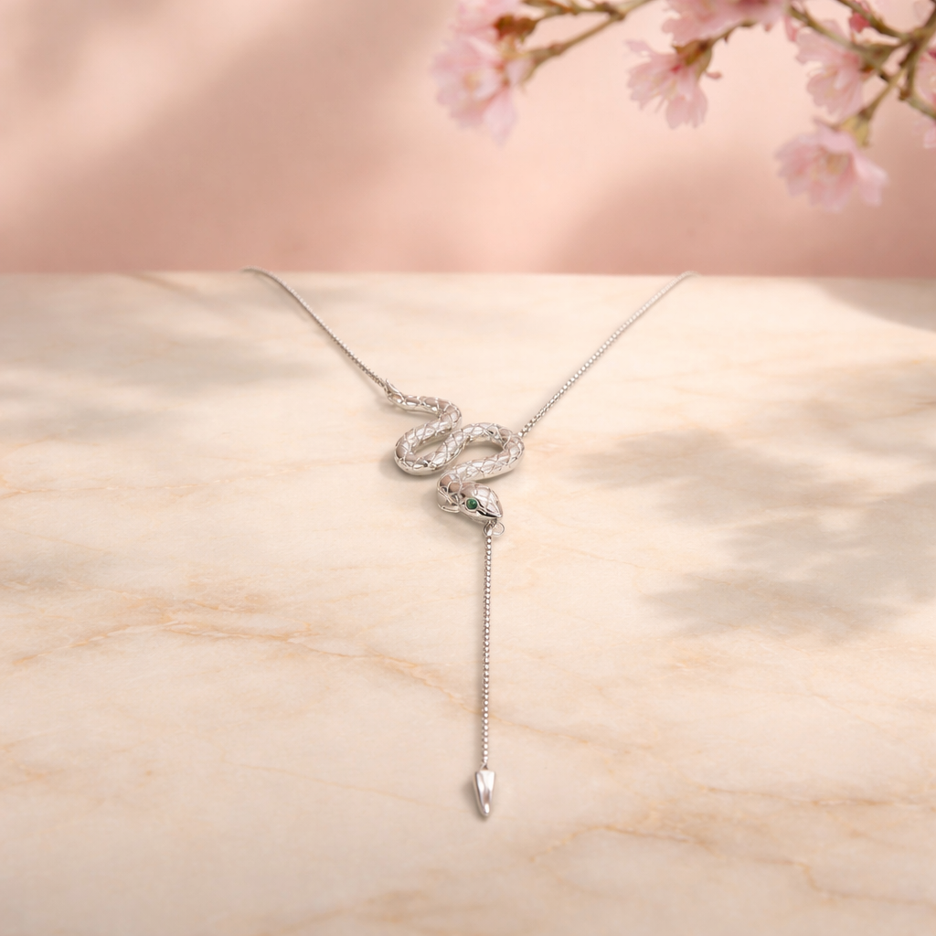 Green eye serpent drop necklace 925 sterling silver with green zircon eyes symbolic snake jewelry