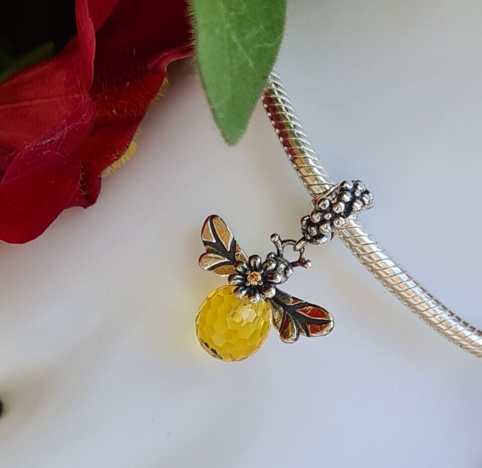 Honey bee dangle charm 925 sterling silver with yellow crystal nature inspired bead jewelry gift