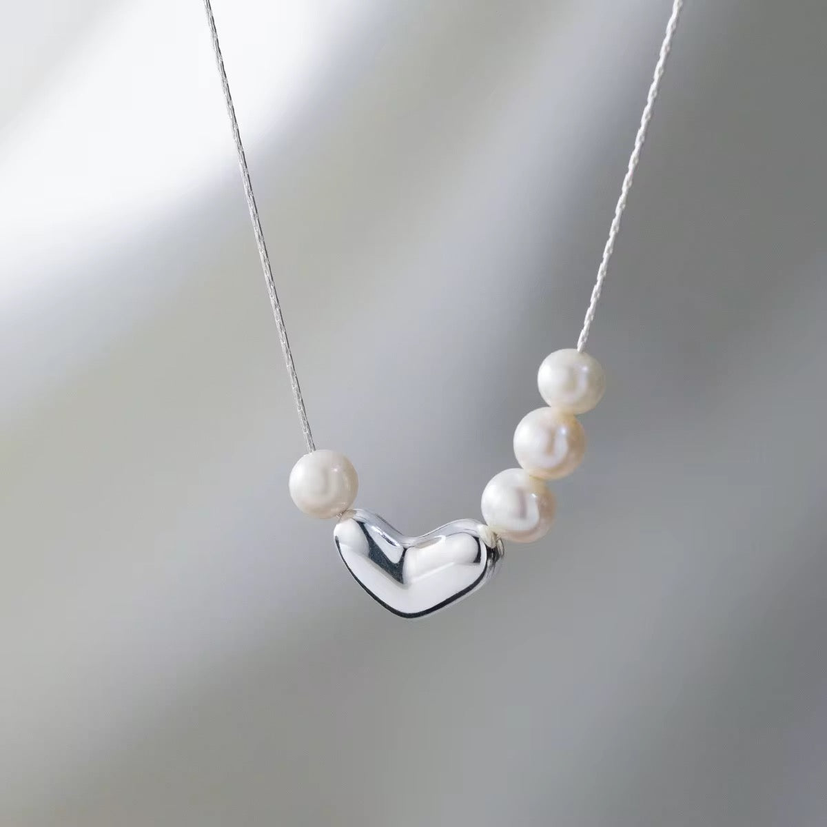 Asymmetric Love Necklace – Silver Heart with Pearls