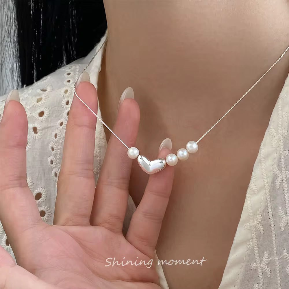 Asymmetric Love Necklace – Silver Heart with Pearls