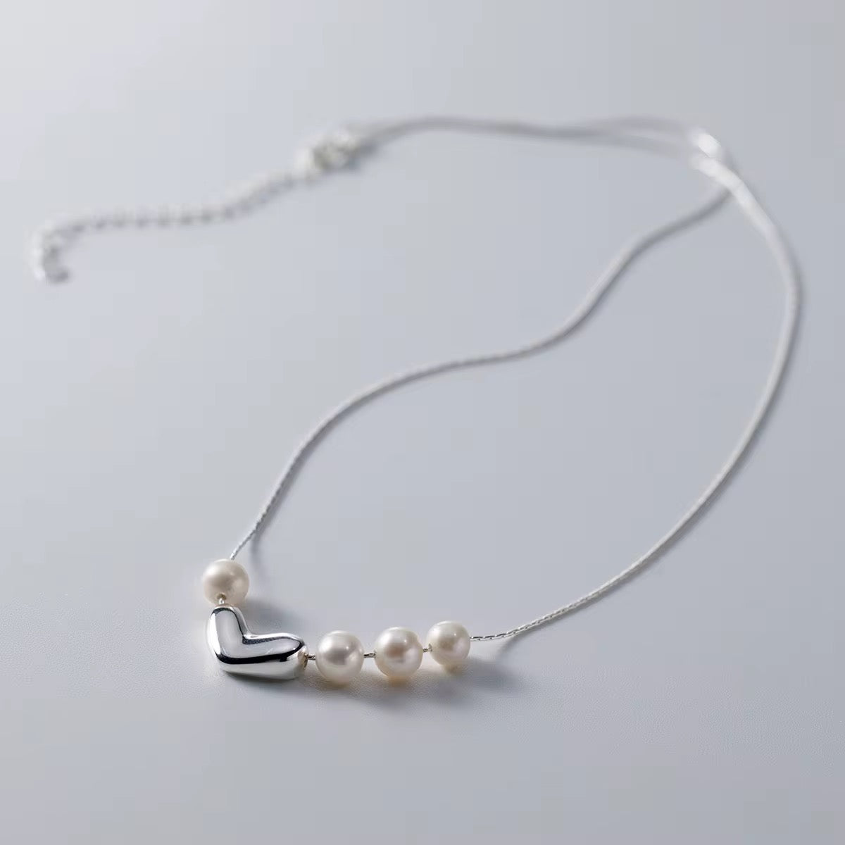 Asymmetric Love Necklace – Silver Heart with Pearls