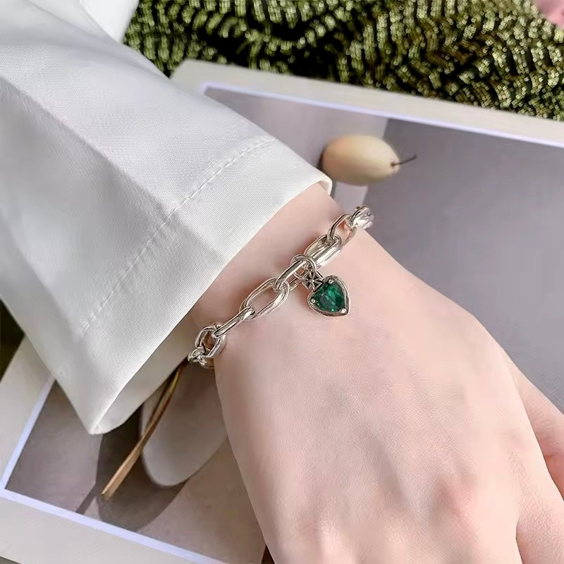 Chunky Silver Chain Bracelet with Emerald Green Heart Charm
