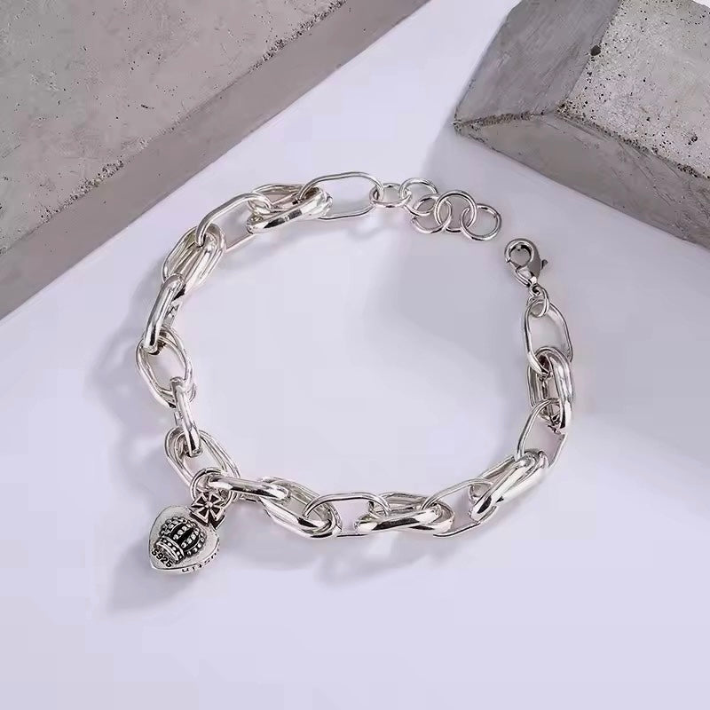 Chunky Silver Chain Bracelet with Emerald Green Heart Charm