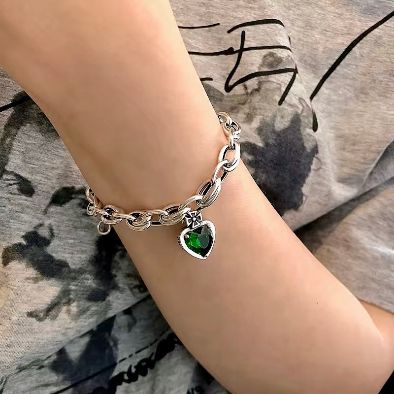 Chunky Silver Chain Bracelet with Emerald Green Heart Charm