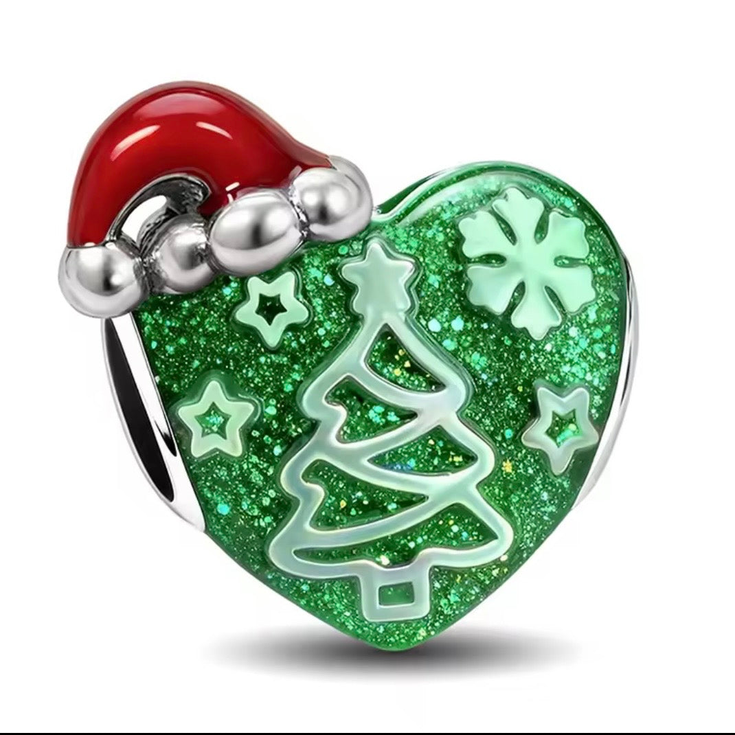 Sterling silver Christmas tree heart charm with green glitter enamel and Santa hat