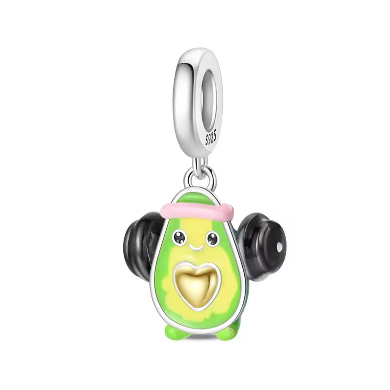 Silver avocado gym charm with colorful enamel, heart detail and dumbbells for charm bracelet
