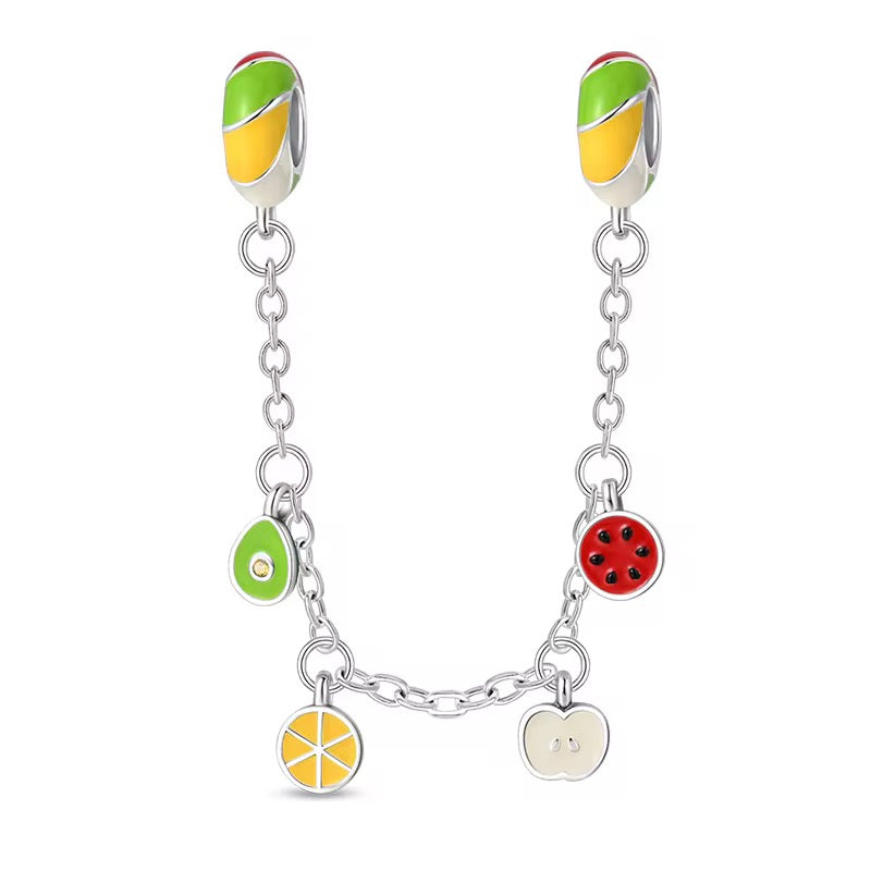 Silver fruit safety chain charm with enamel watermelon, lemon, apple and avocado