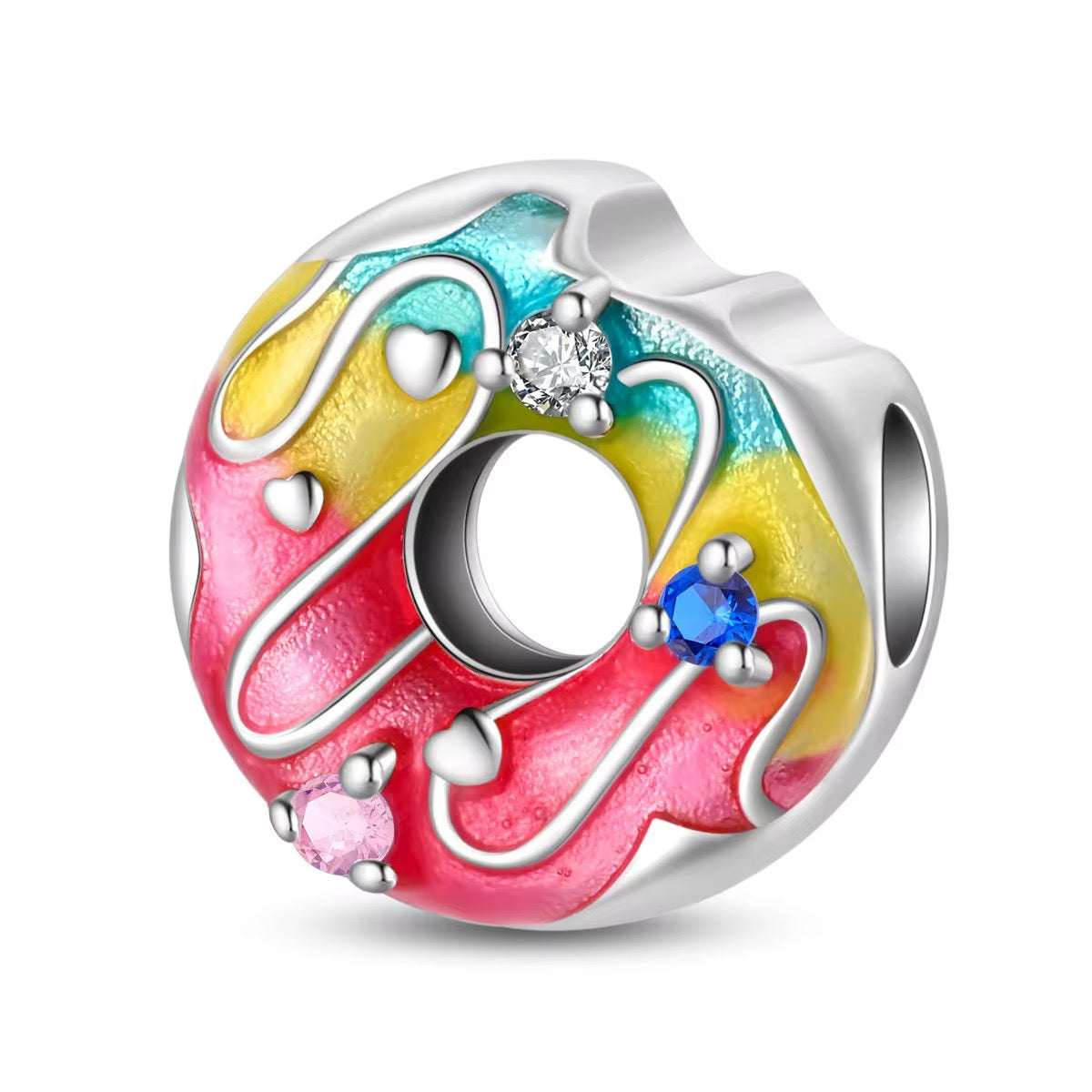 Silver rainbow donut charm with colorful enamel and crystal accents for charm bracelet