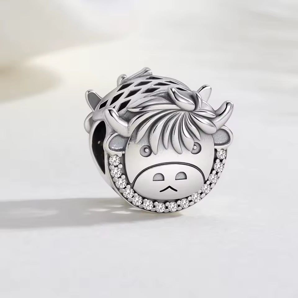 Silver cute Scottish Highland cow charm