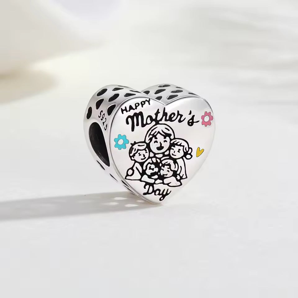 Silver Happy Mother’s Day heart charm with enamel illustration of mom and children