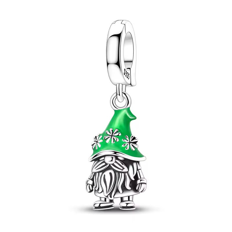 Silver lucky gnome dangle charm with green enamel hat for charm bracelet