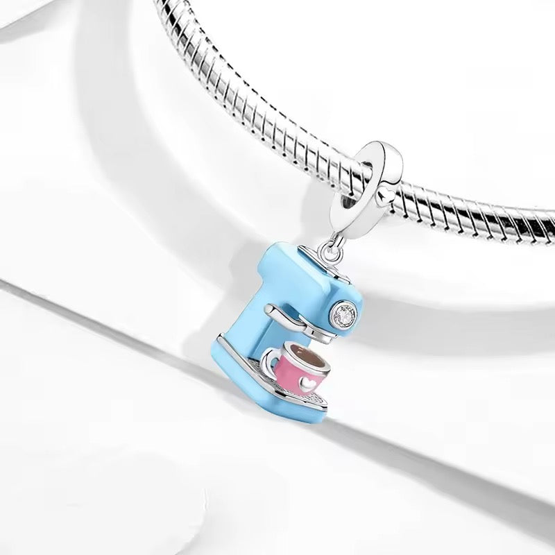 Silver coffee machine charm with blue enamel and small pink espresso cup detail cute jewelry charm for bracelet