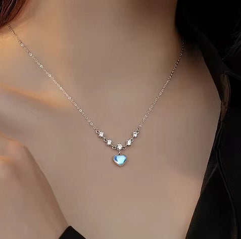 Silver necklace with blue heart crystal pendant and sparkling stones elegant romantic jewelry for women gift