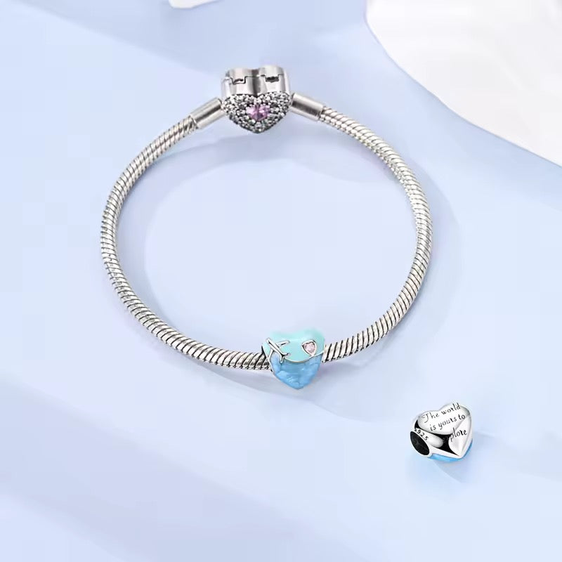 Travel heart airplane charm 925 sterling silver blue enamel pink zirconia engraved travel bead jewelry gift