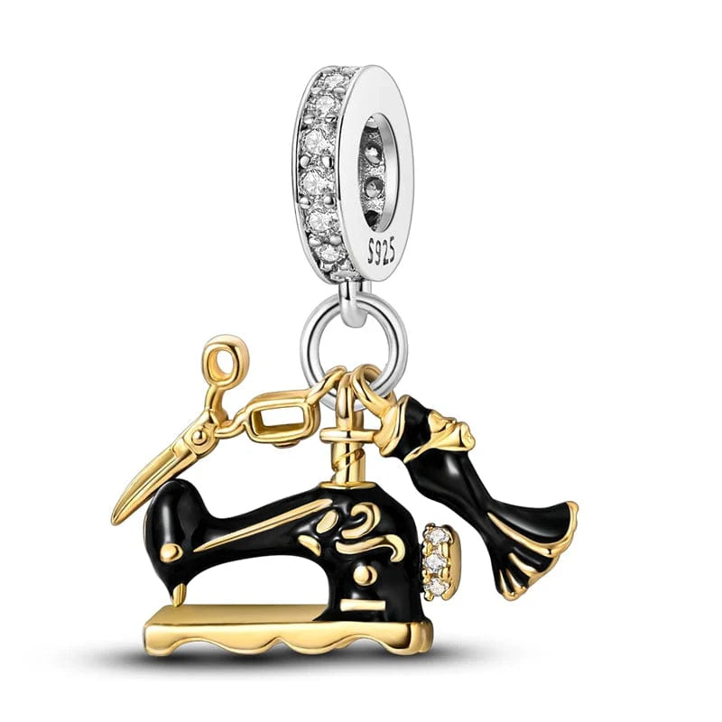 Gold Sewing Machine Dress & Scissors Dangle Charm