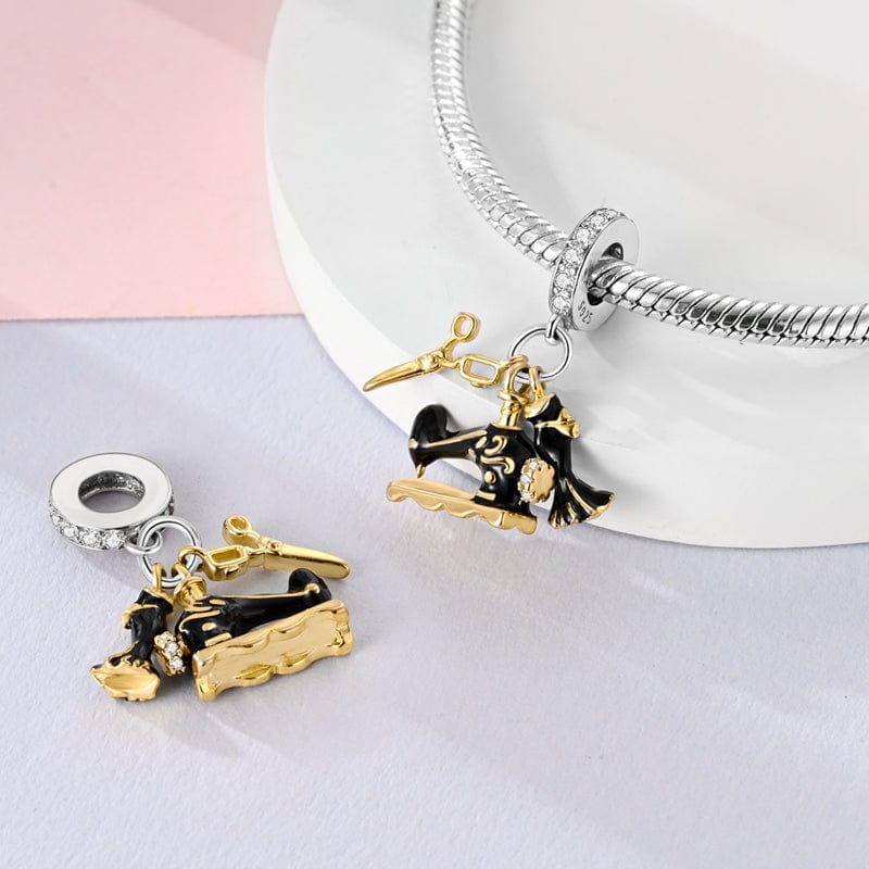 Gold Sewing Machine Dress & Scissors Dangle Charm