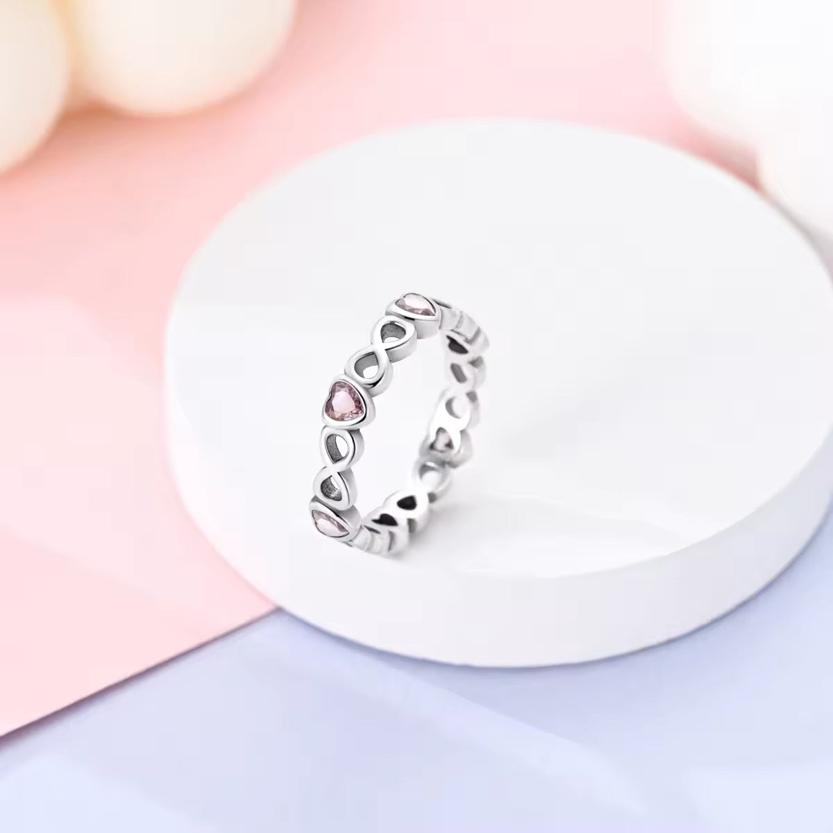 Hearts & Infinity Ring With Pink Cubic Zirconia