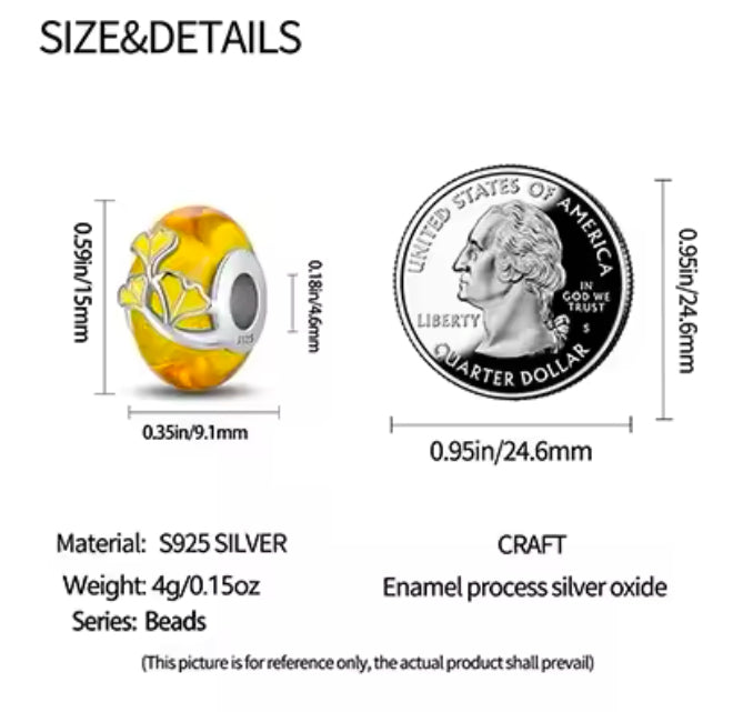 Leaves Yellow Murano Glass Bead Charm