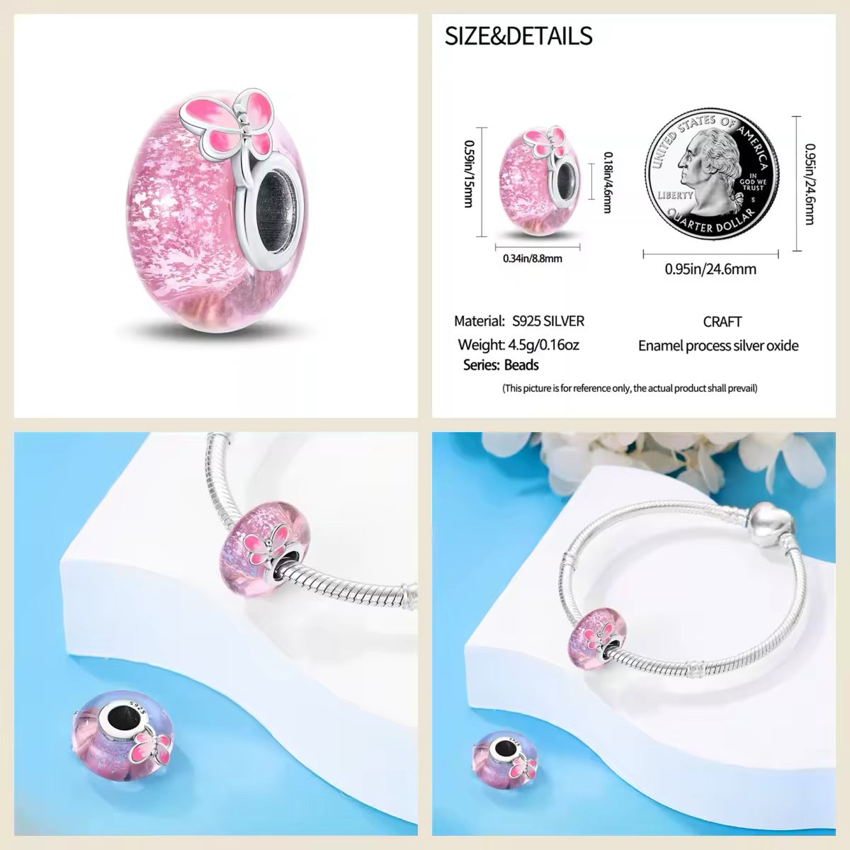 Pink Murano Glass with Butterfly Charm