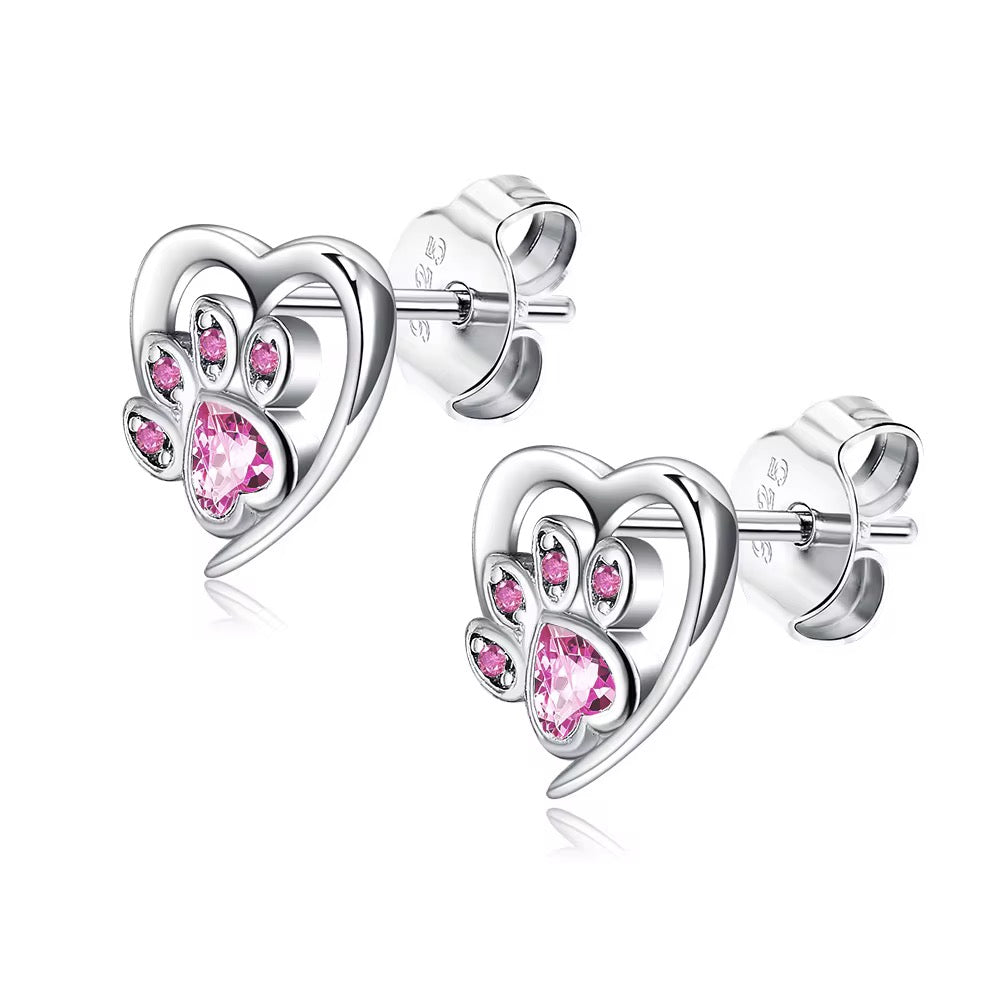 Stud Earrings Paw With Heart Pink Zirconia