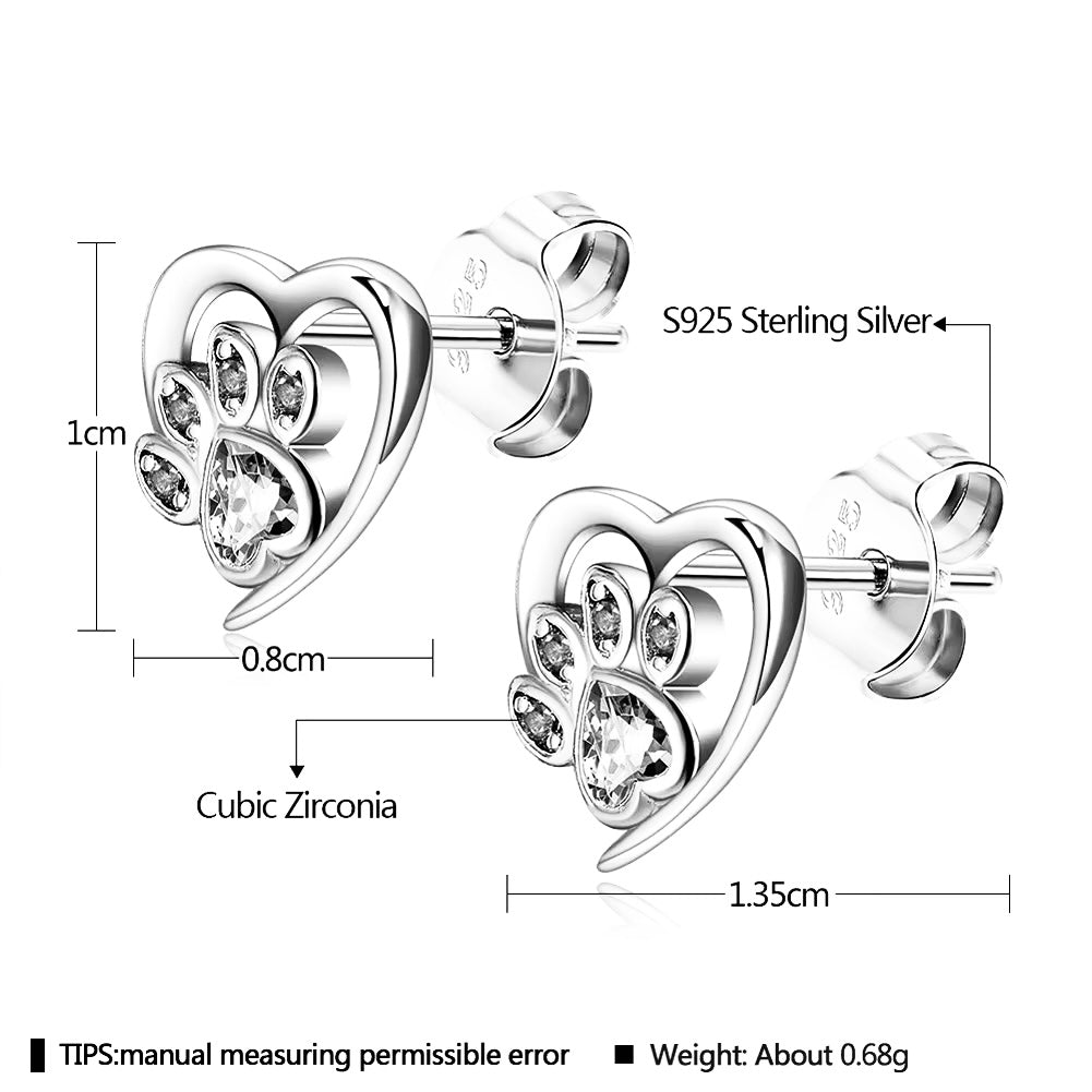 Stud Earrings Paw With Heart Pink Zirconia