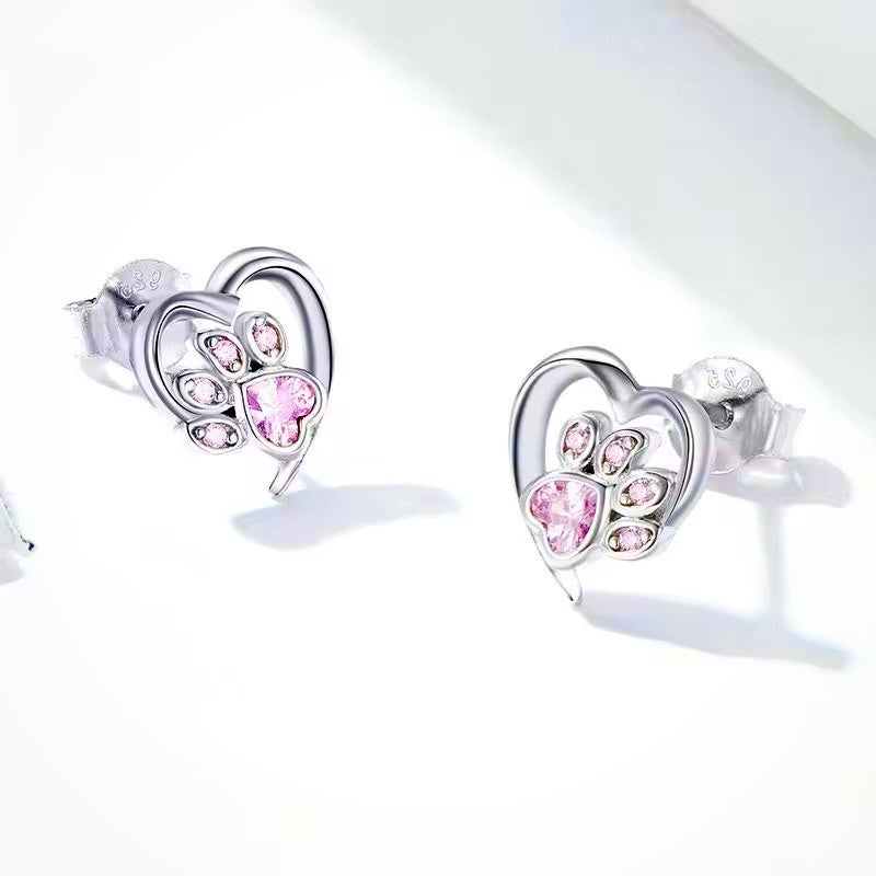 Stud Earrings Paw With Heart Pink Zirconia