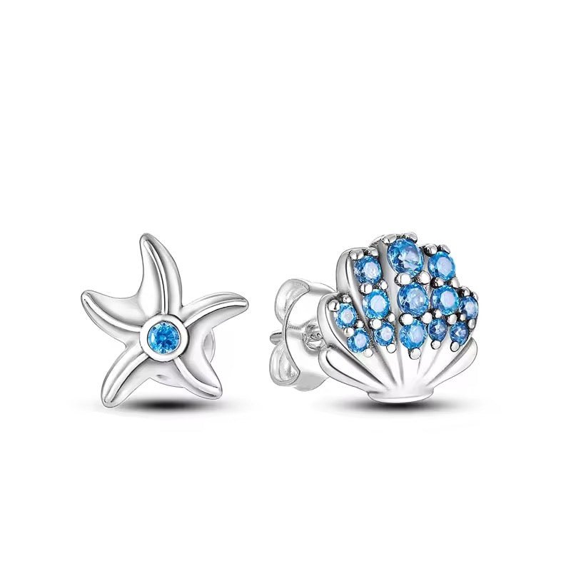 Stud Earrings Sea Shell & Starfish With Blue Zirconia