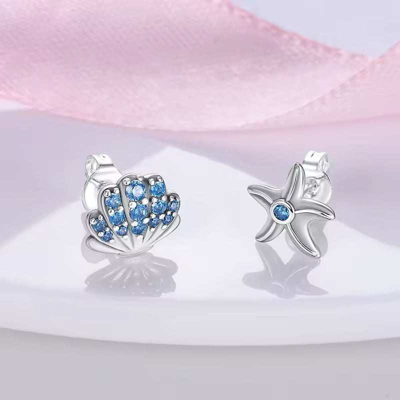 Stud Earrings Sea Shell & Starfish With Blue Zirconia