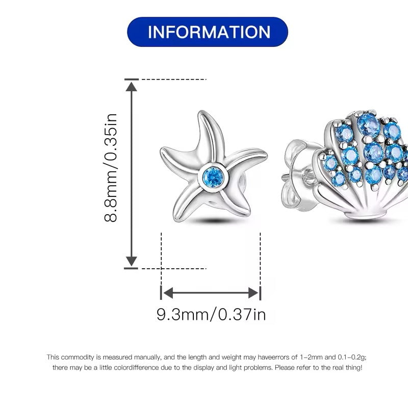 Stud Earrings Sea Shell & Starfish With Blue Zirconia