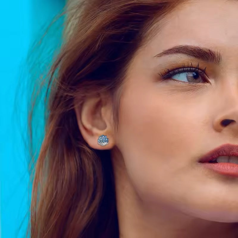 Stud Earrings Sea Shell & Starfish With Blue Zirconia