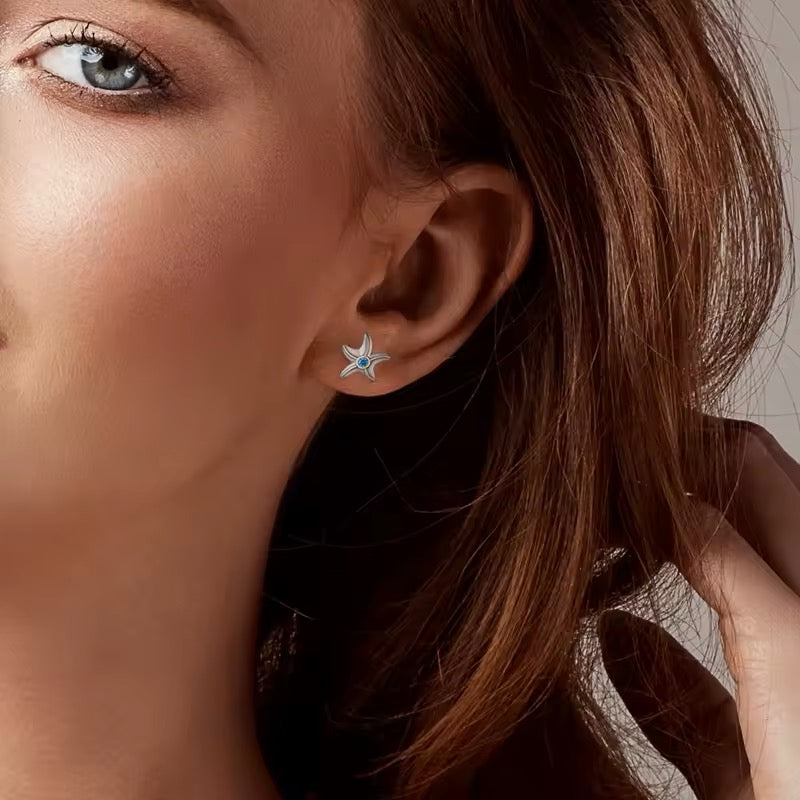 Stud Earrings Sea Shell & Starfish With Blue Zirconia