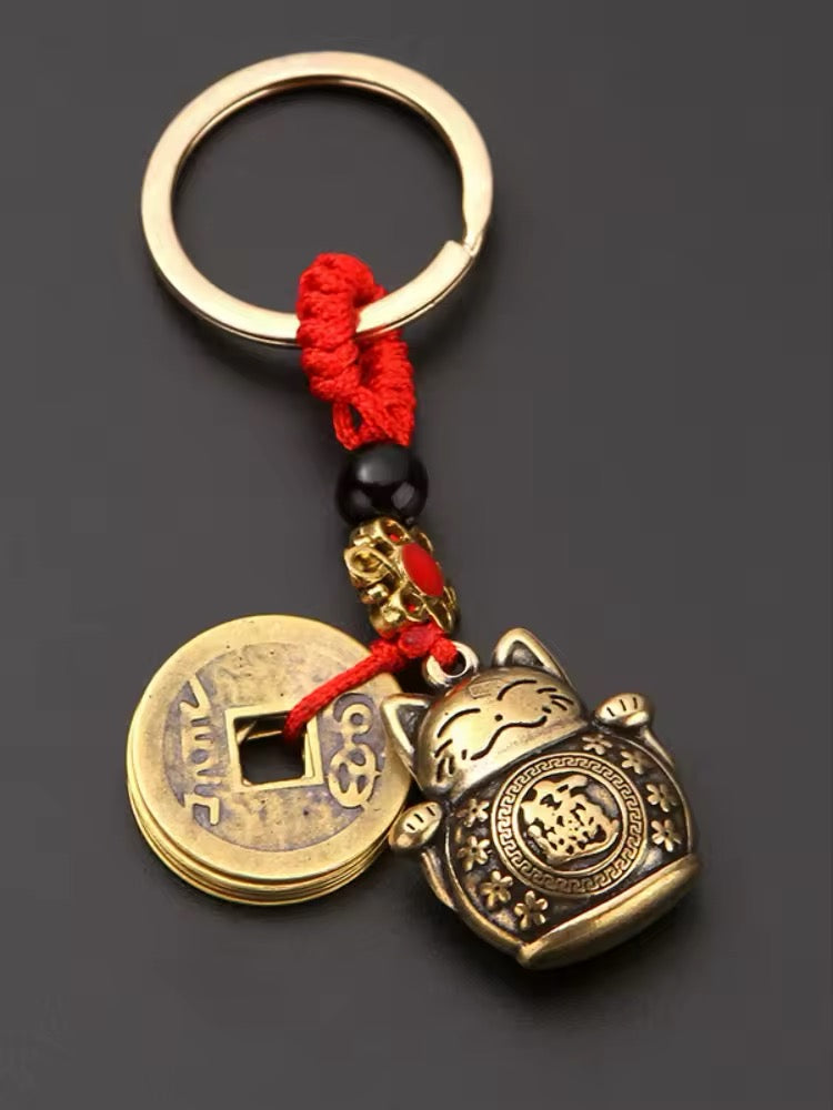 Chinese Lucky Cat & Coin Five Emperors Money Keychain