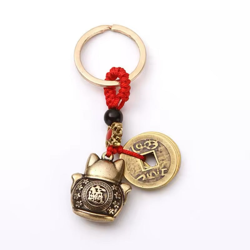 Chinese Lucky Cat & Coin Five Emperors Money Keychain
