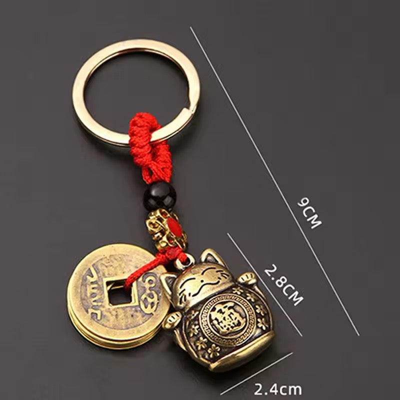 Chinese Lucky Cat & Coin Five Emperors Money Keychain