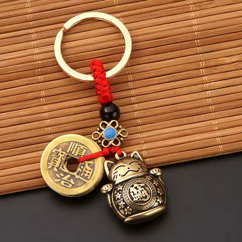 Chinese Lucky Cat & Coin Five Emperors Money Keychain