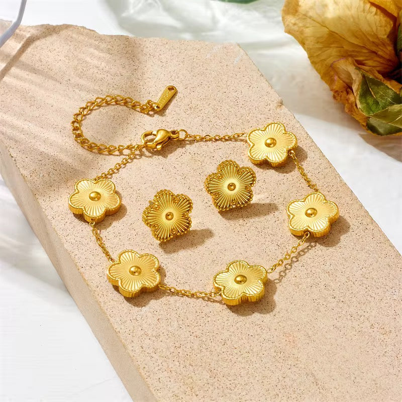 Gold Clover Flower Necklace Bracelet & Earrings