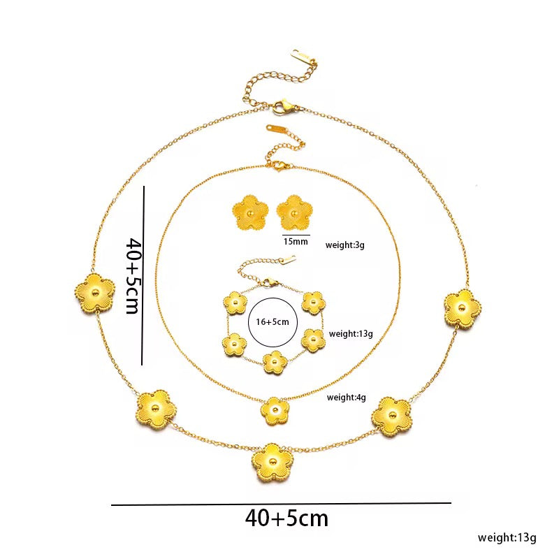 Gold Clover Flower Necklace Bracelet & Earrings