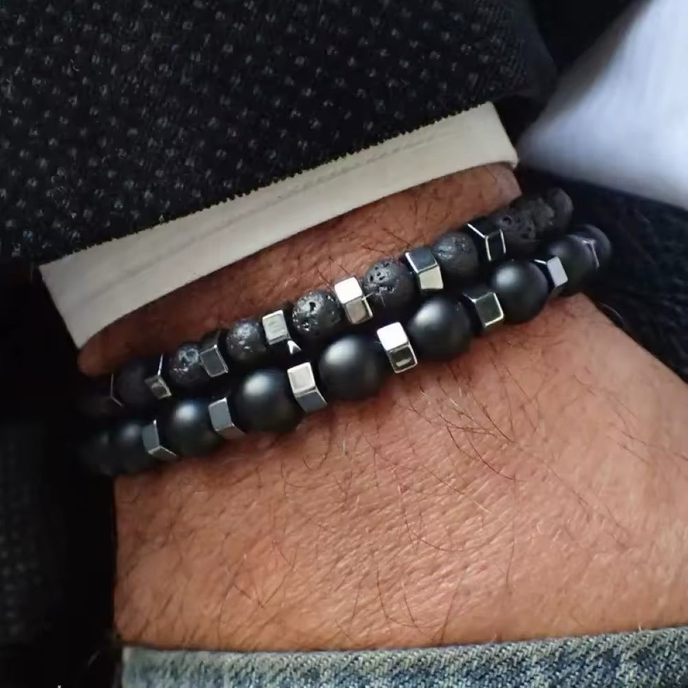 Frosted Black Bead Volcanic Stone Men’s Bracelet