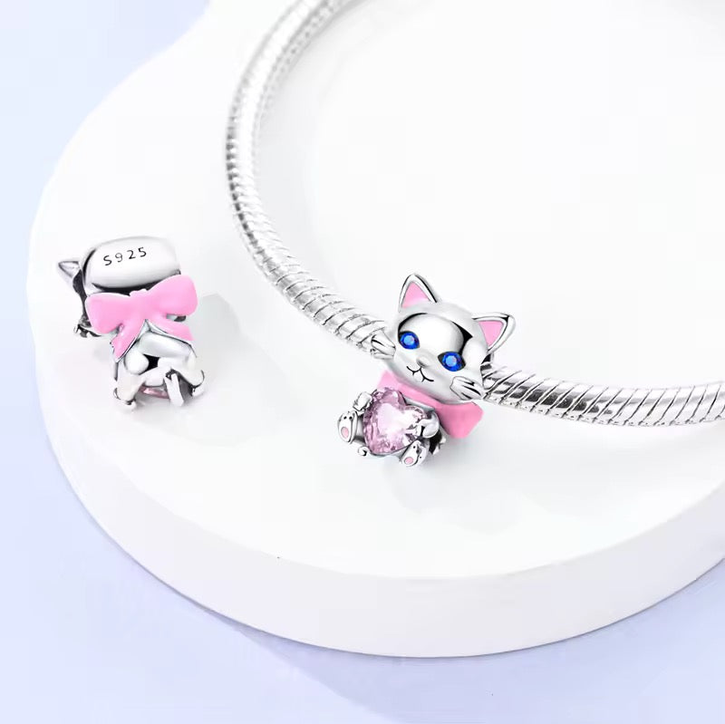 Cat With Bow & Pink Heart Charm