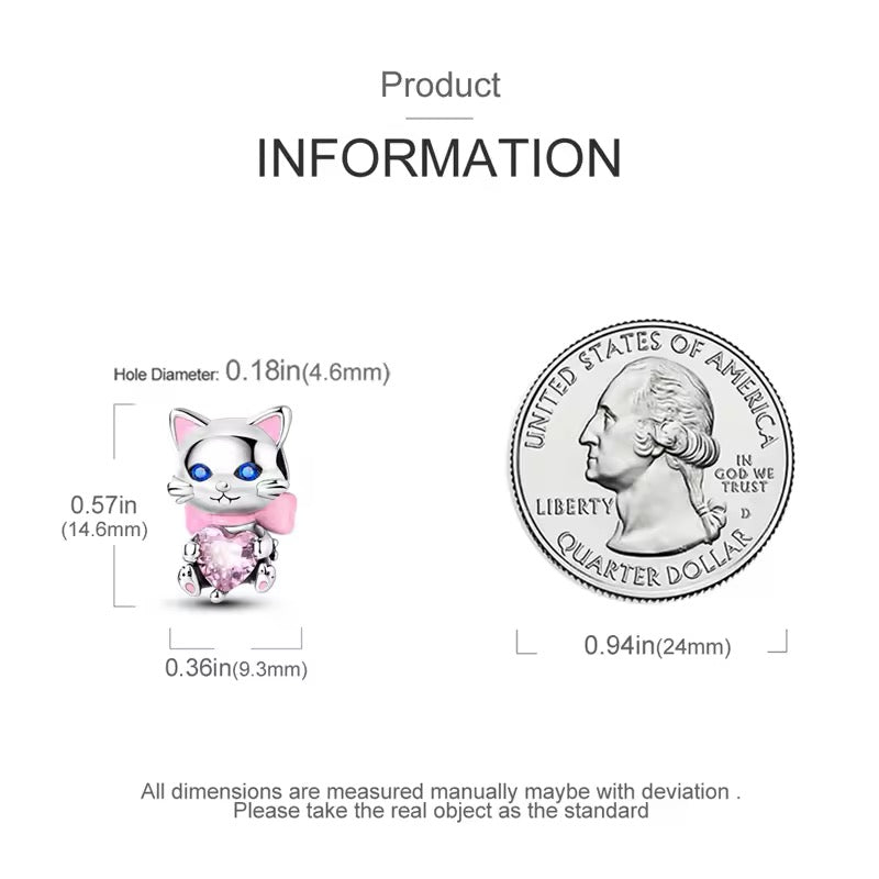 Cat With Bow & Pink Heart Charm