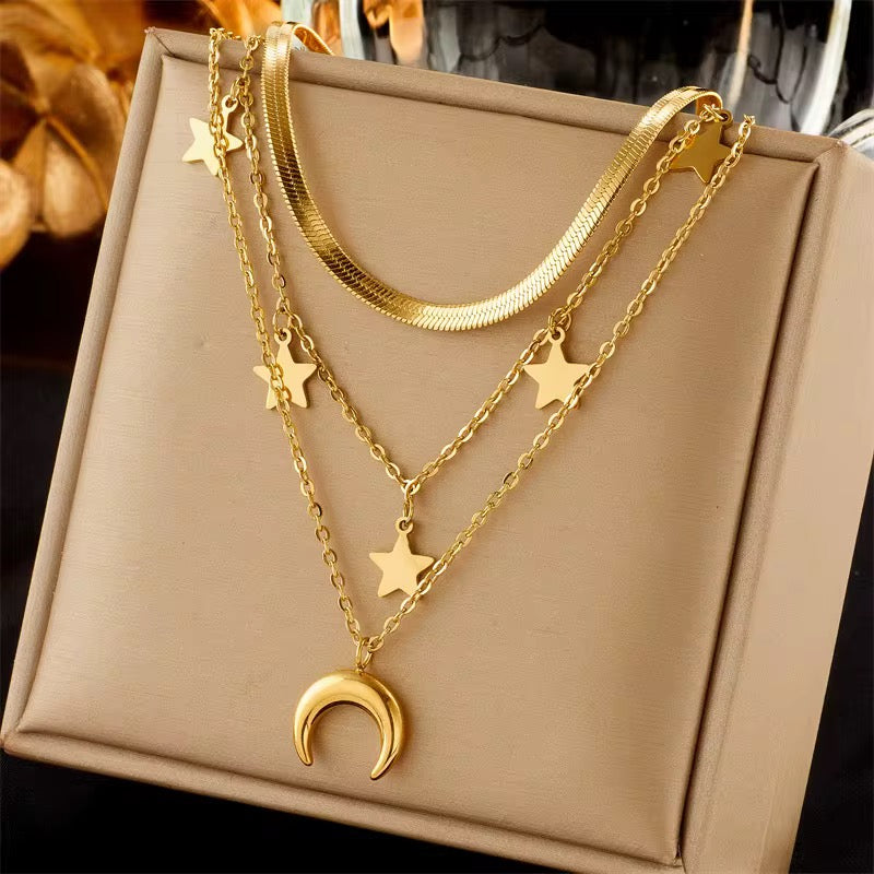 18K Gold Plated Stainless Steel Moon and Star Necklace