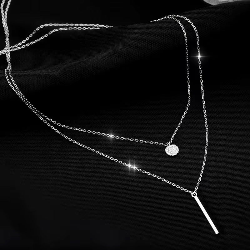 Silver One Word & Zircon Round Double Chain Necklace