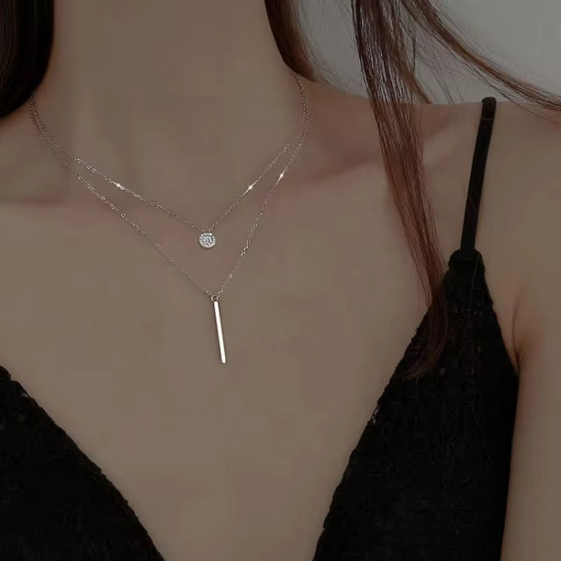 Silver One Word & Zircon Round Double Chain Necklace