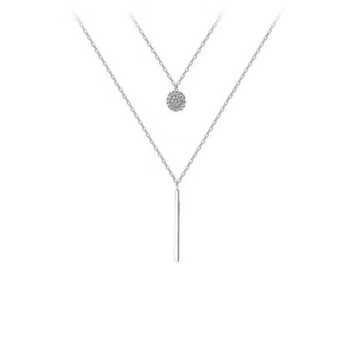 Silver One Word & Zircon Round Double Chain Necklace