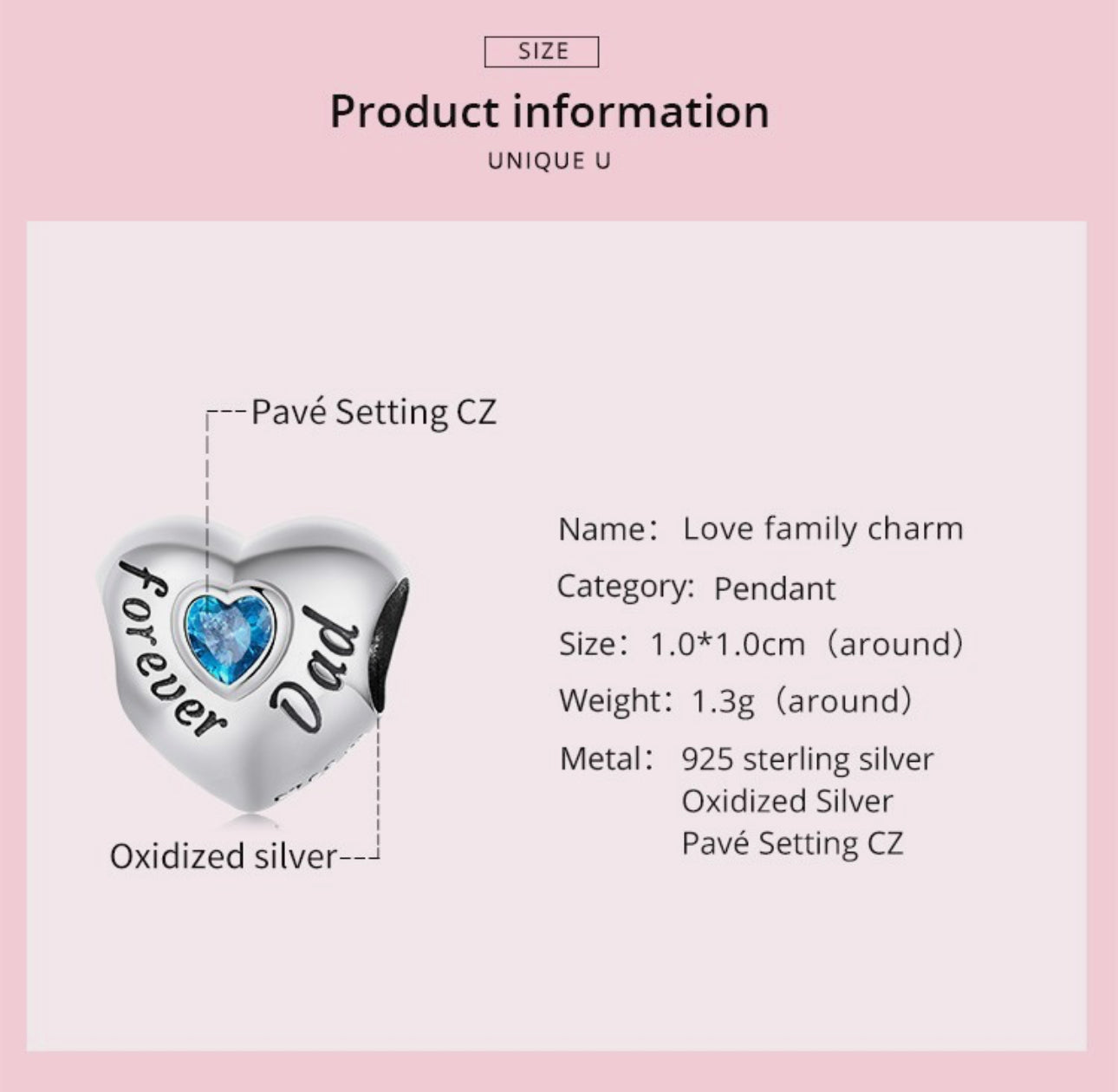 Love Dad Heart With Zircon Bead Charm