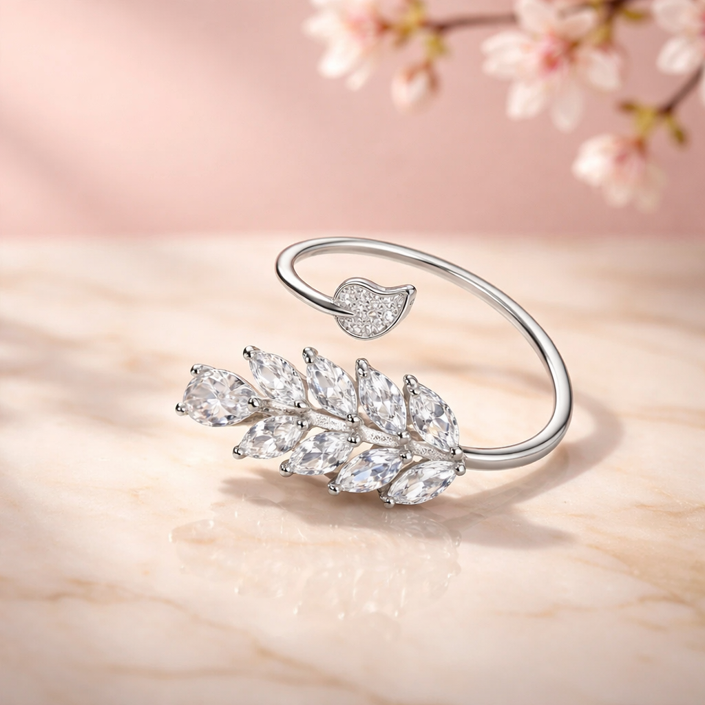 Leaf heart zircon ring 925 sterling silver adjustable floral inspired sparkling elegant jewelry for women
