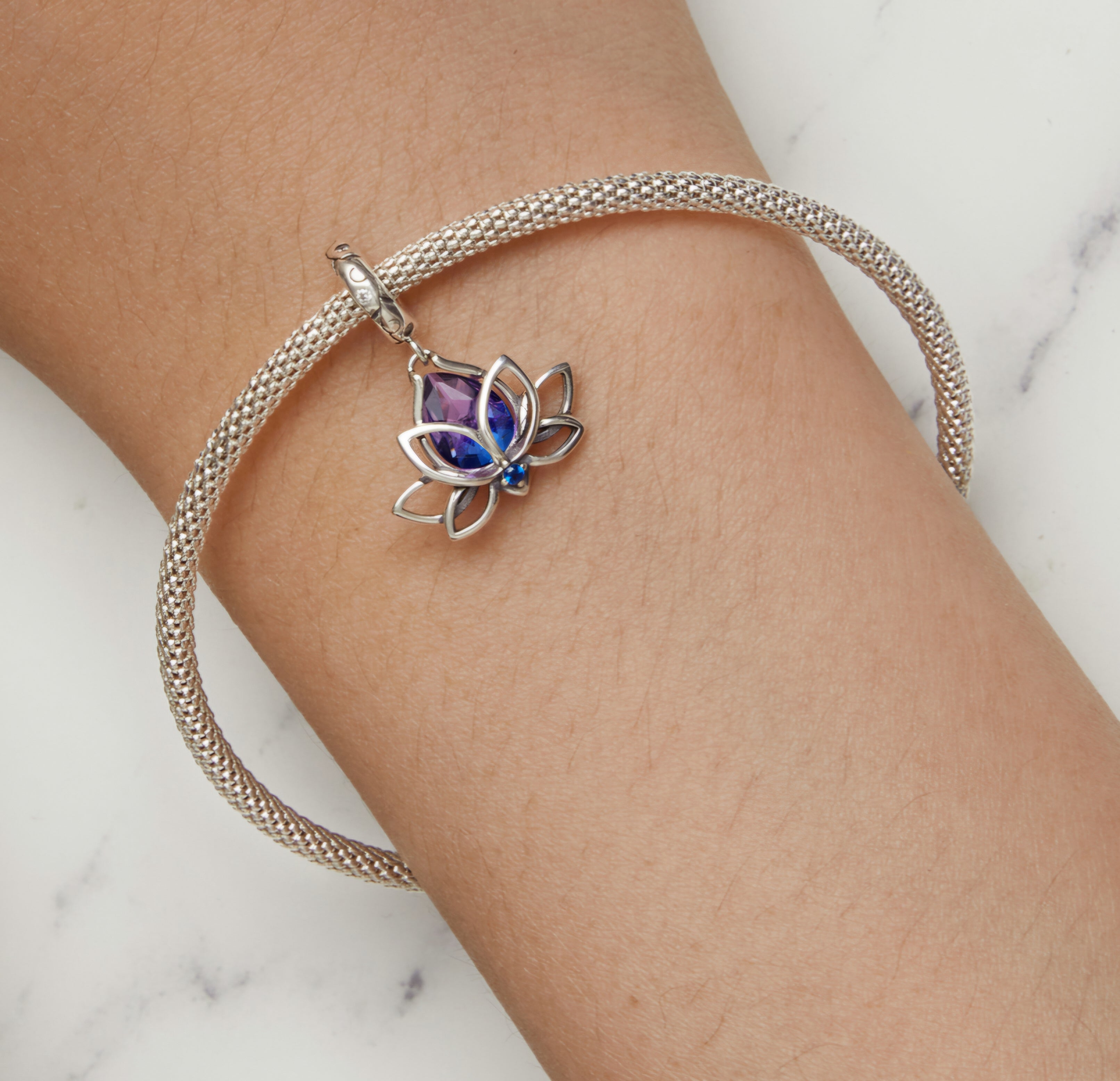 Lotus flower crystal dangle charm 925 sterling silver with purple blue stones spiritual jewelry gift