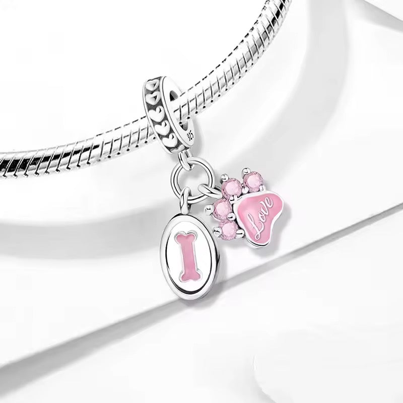 Love paw and bone dangle charm 925 sterling silver pink pet lover bead charm for bracelet jewelry gift